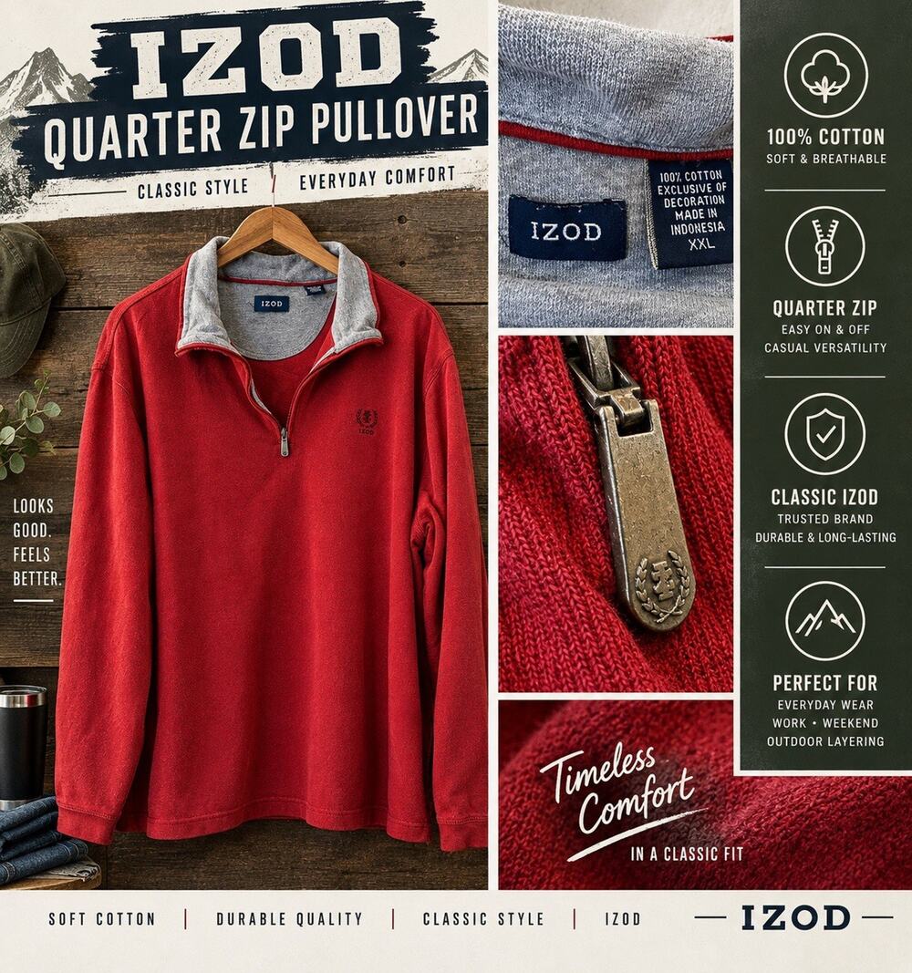 IZOD Men's 2XL Red 1/4 Zip Cotton Knit Mock Neck Pullover Sweater Sweatshirt